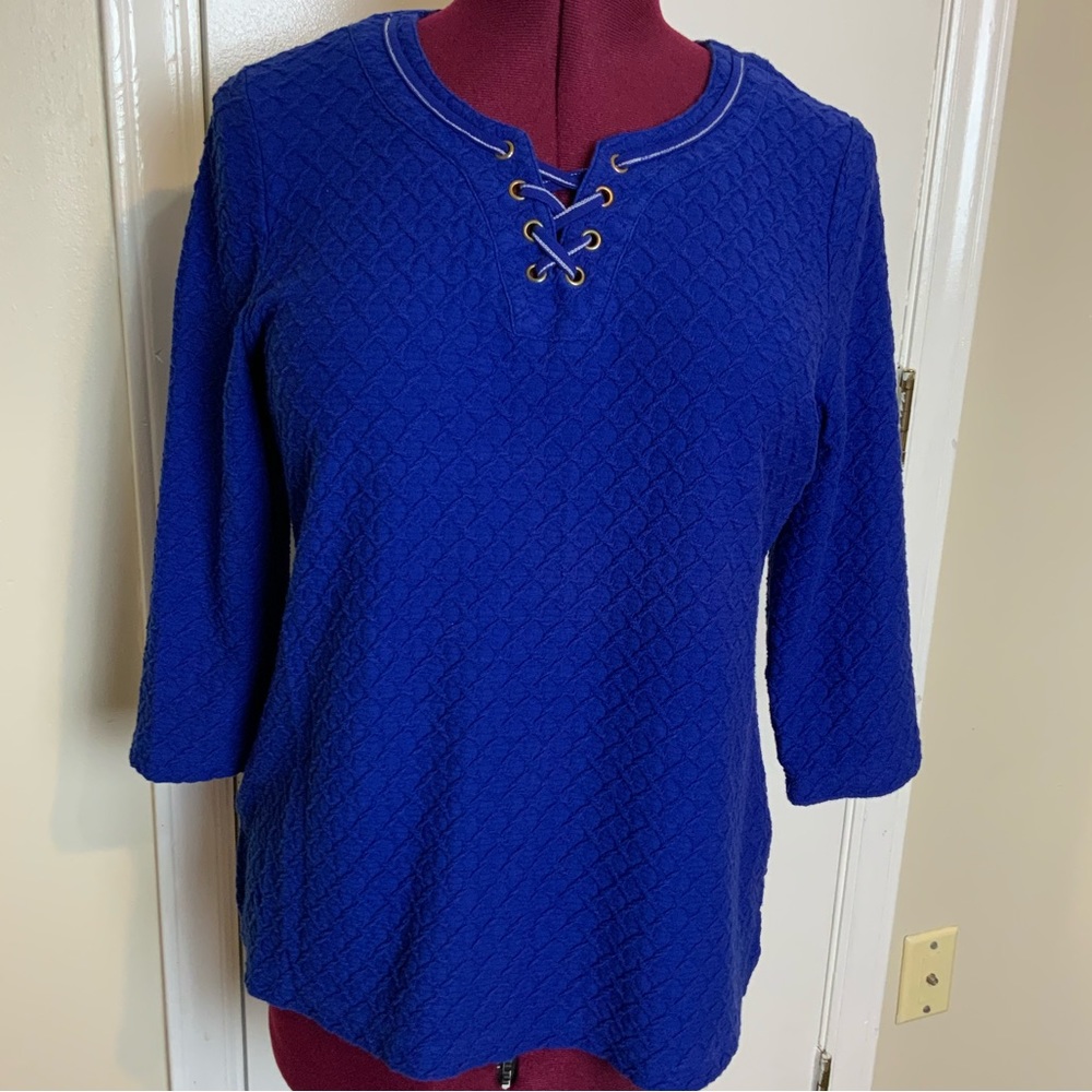 Like New Kim Rogers Petite Quilted Lace Up Knit 3/4 Sleeves Top
